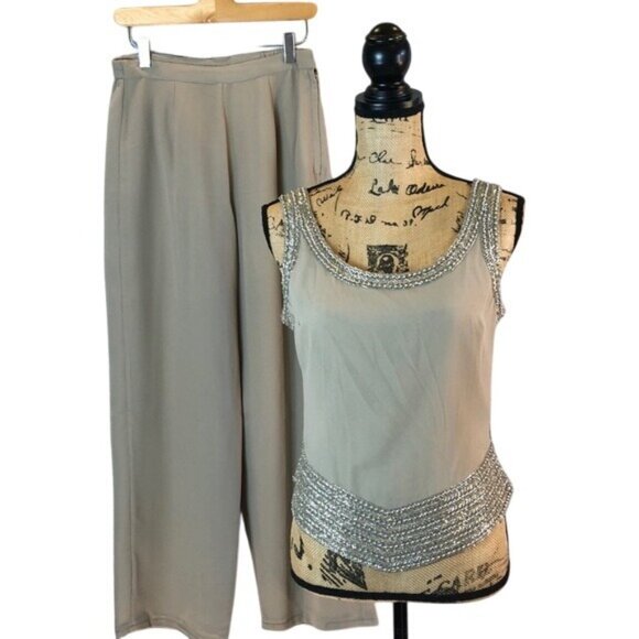 3 pc J Kara Formal Pant Suit Set Beaded Long Sheer Jacket Tank Top Beige 6 P - Picture 2 of 8